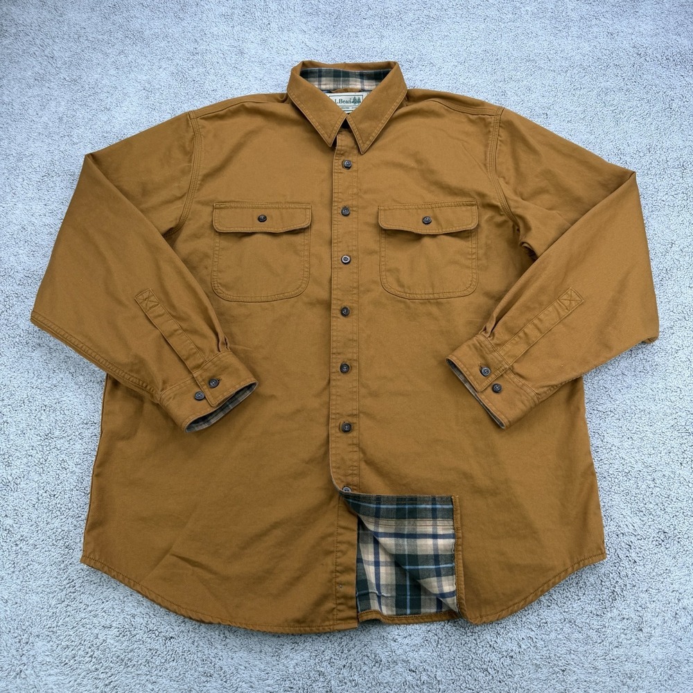 LL Bean Field Shirt Jacket Men Large Tan Plaid Flannel Lined Double Pocket Chore